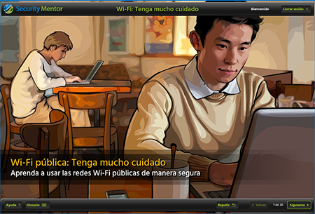 Security Mentor Public WiFi lesson shown with Spanish (LatAm) localization
