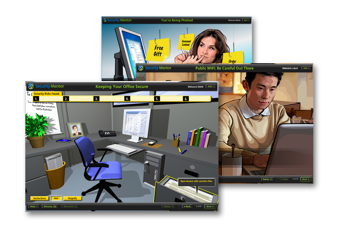 Security Mentor Security Awareness Training Lessons Screen captures from three lessons in the Security Mentor security awareness training program