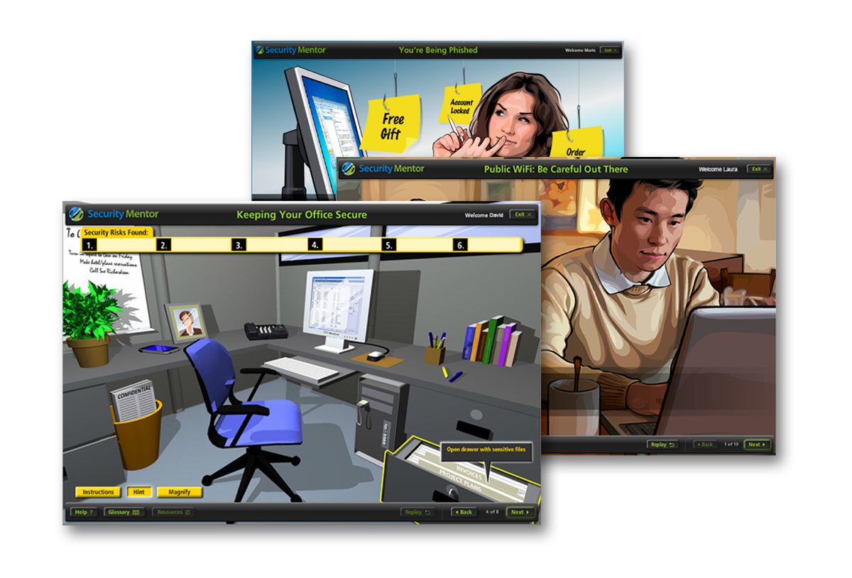 Screen captures from three lessons in the Security Mentor security awareness training program