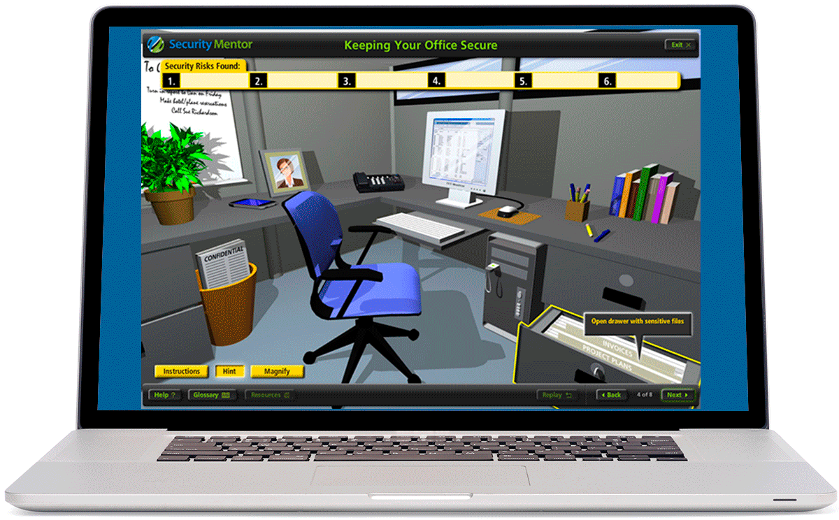 Animation of Security Mentor Phishing, Office Security, & Mobile Security lessons & interactions