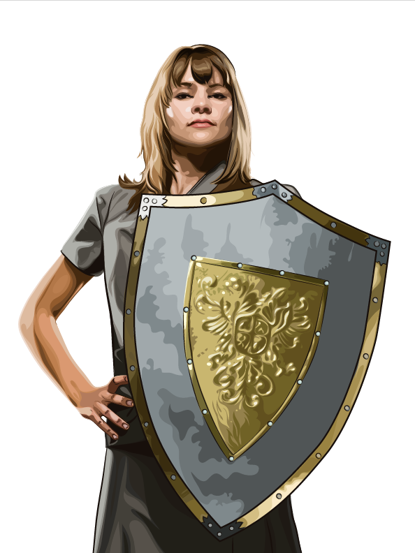 Our Story Security Mentor illustration of woman with shield representing employees as the best cyber defense