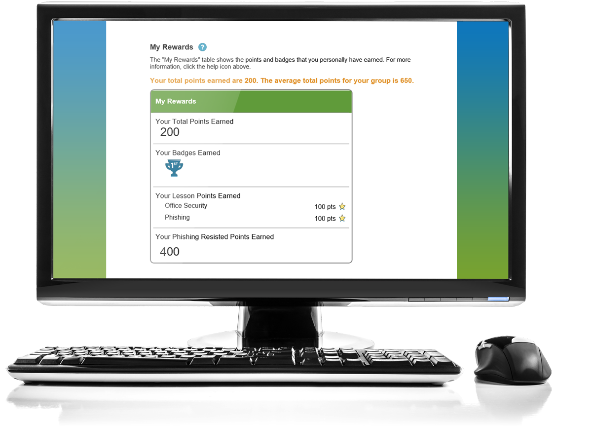 PhishDefense Gamification PhishDefense gamification interface displaying rewards and points