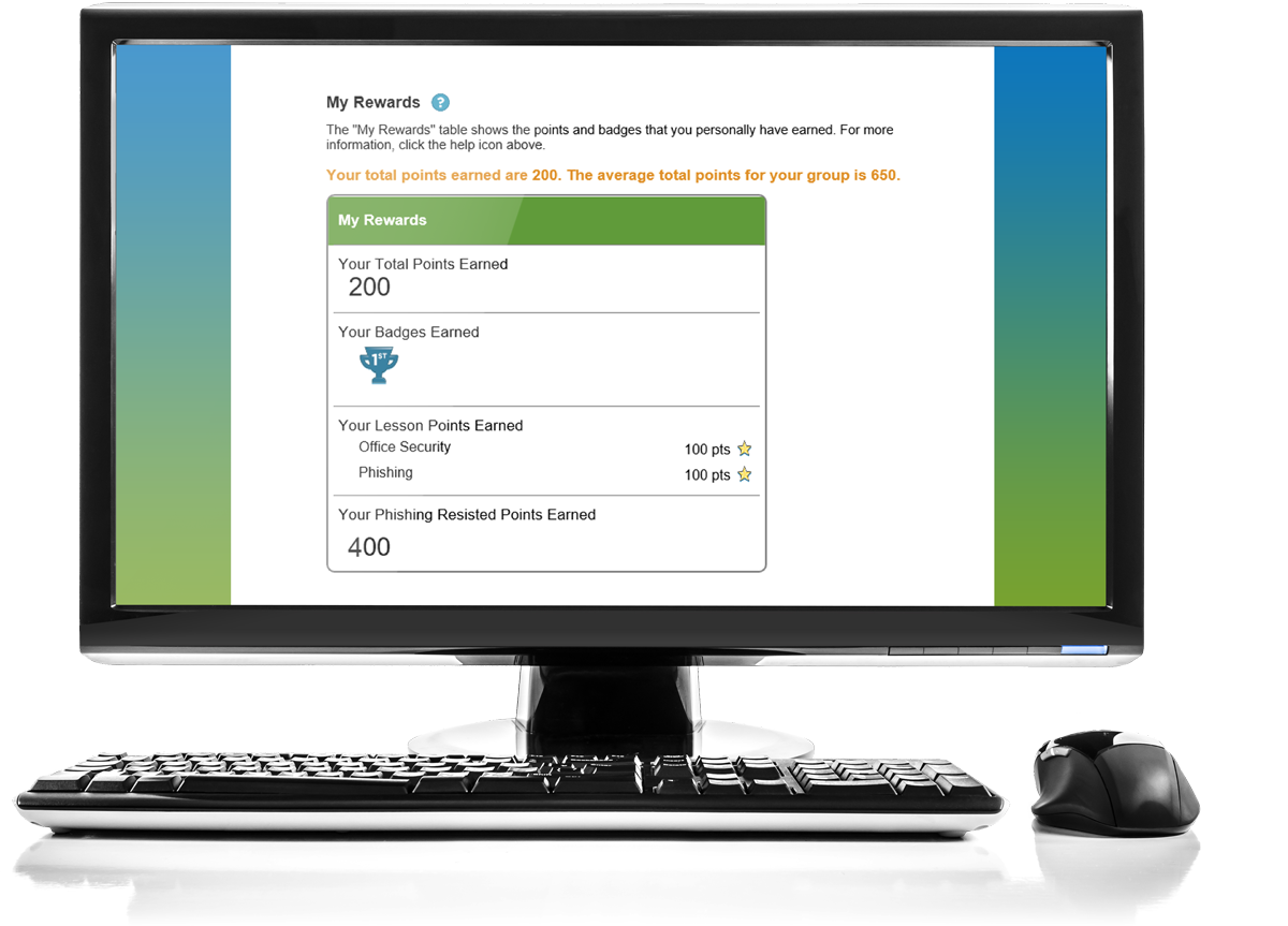 PhishDefense gamification interface displaying rewards and points
