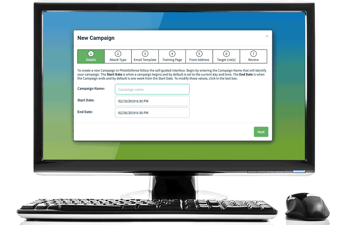 Animation of PhishDefense Phishing Simulation interface showing campaign wizard, reporting, and templates