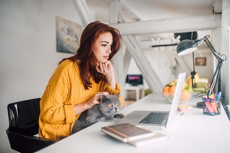 Woman working remotely with cat