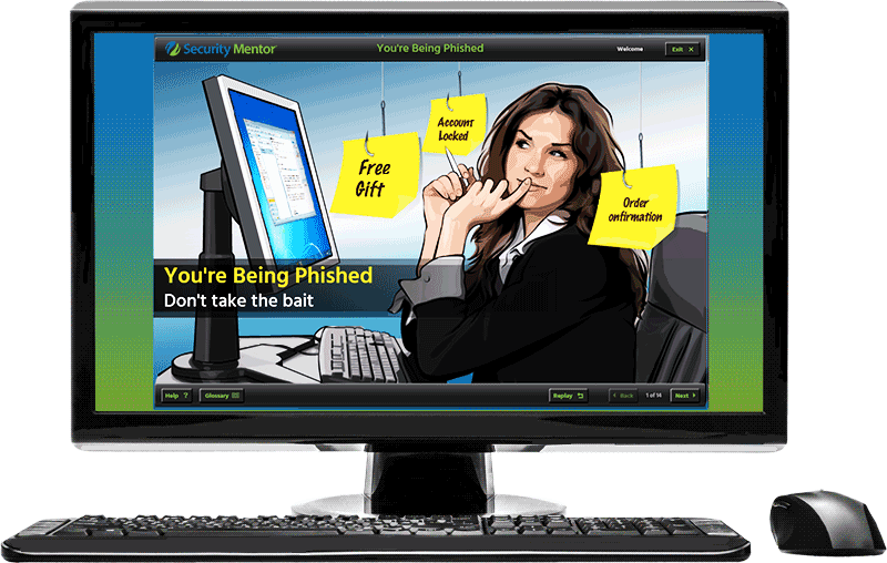 Security Mentor Security Awareness Training Image of Security Mentor Security Awareness Training on computer monitor